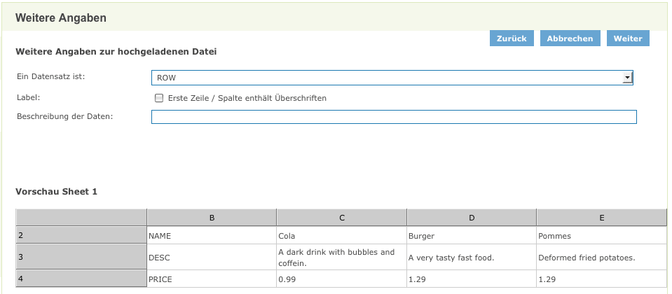 Sheet Einstellungen