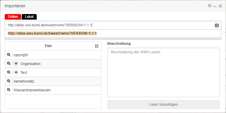 Webmap Client - Erweiterte Werkzeuge "Importieren"