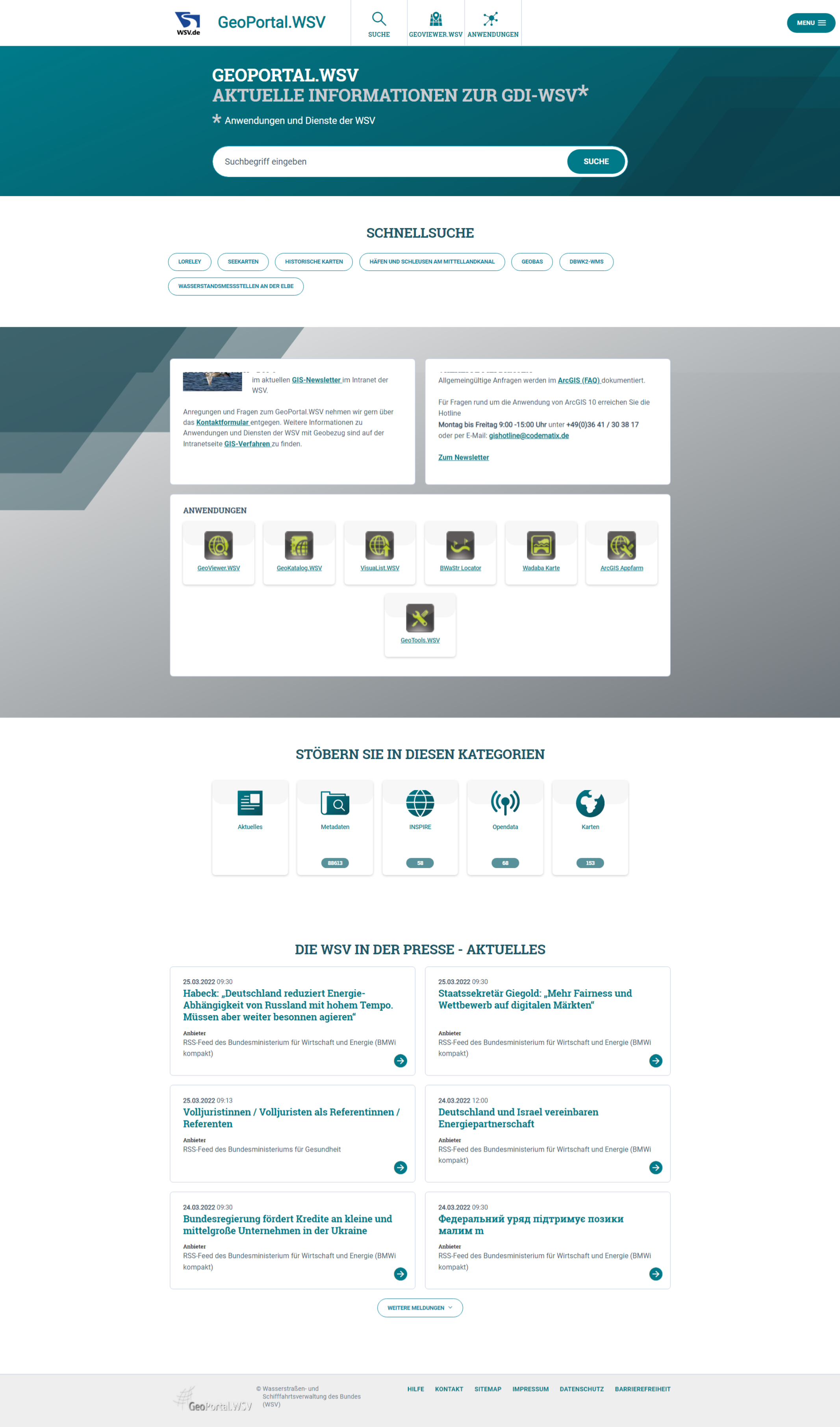 Aktualisiertes Portal-Layout für das GeoPortal.WSV Startseite