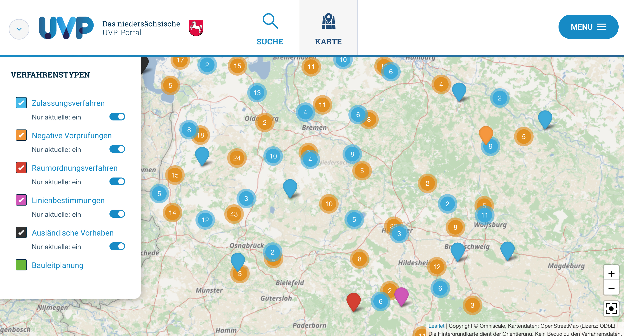 Schieberegler für die Anzeige von nur aktuellen Verfahren bei weiteren Verfahrenstypen auf der Karte des niedersächsischen UVP-Portals