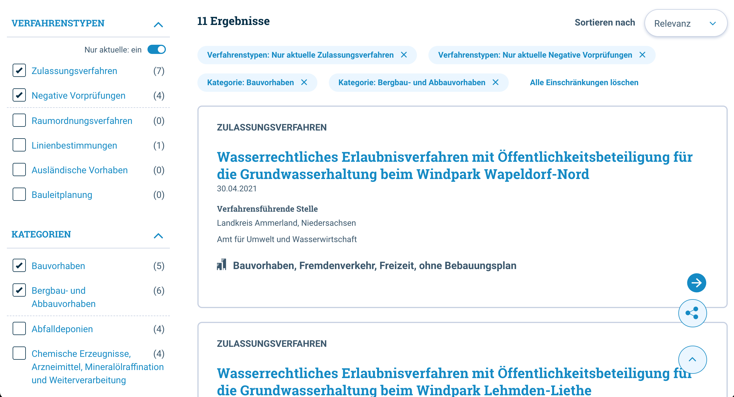 Mehrfachauswahl bei Facetten Verfahrenstypen und Kategorien in der Suche des niedersächsischen UVP-Portals