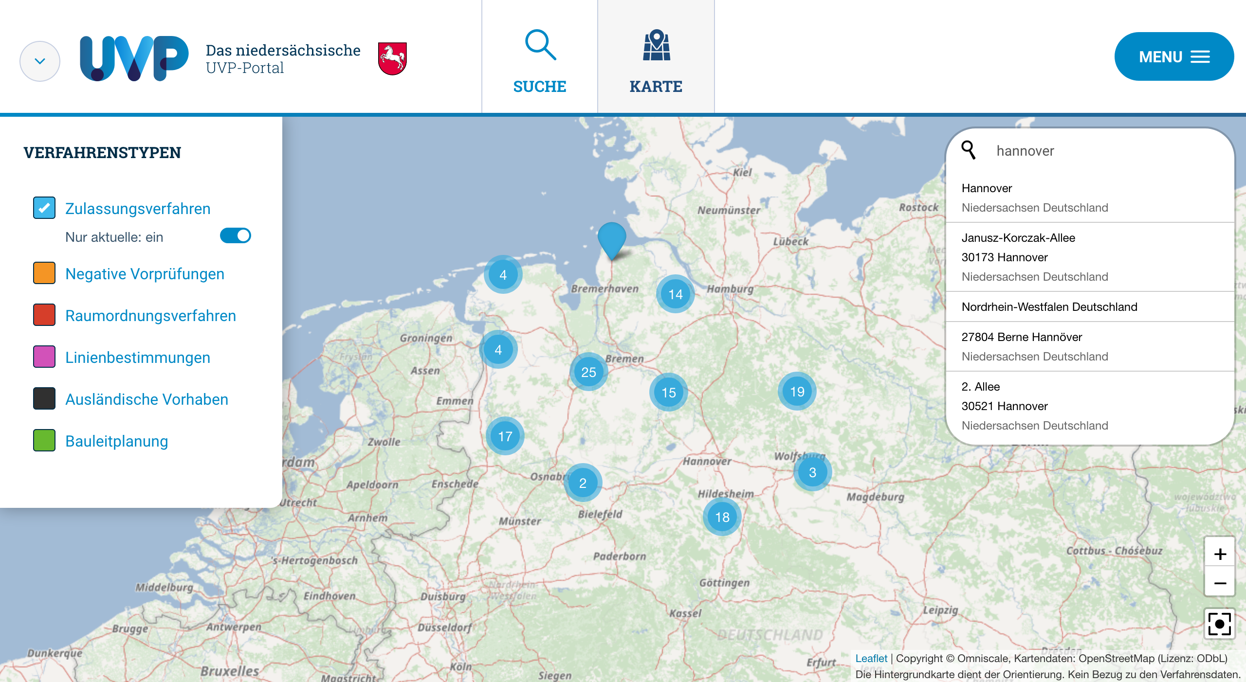 Ortssuche in der Karte des niedersächsischen UVP-Portals auf Basis von Nominatim