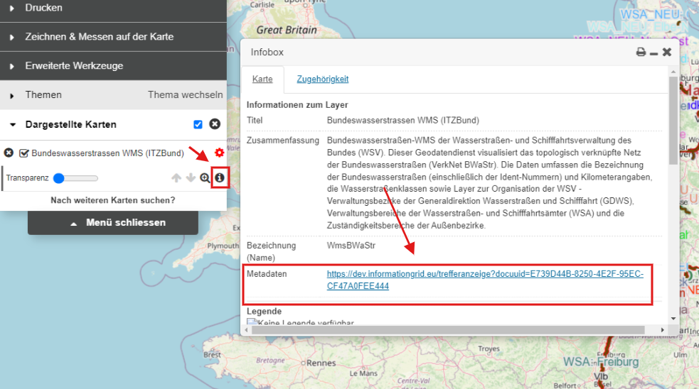 Sprung zu Metadaten eines Karten Layers