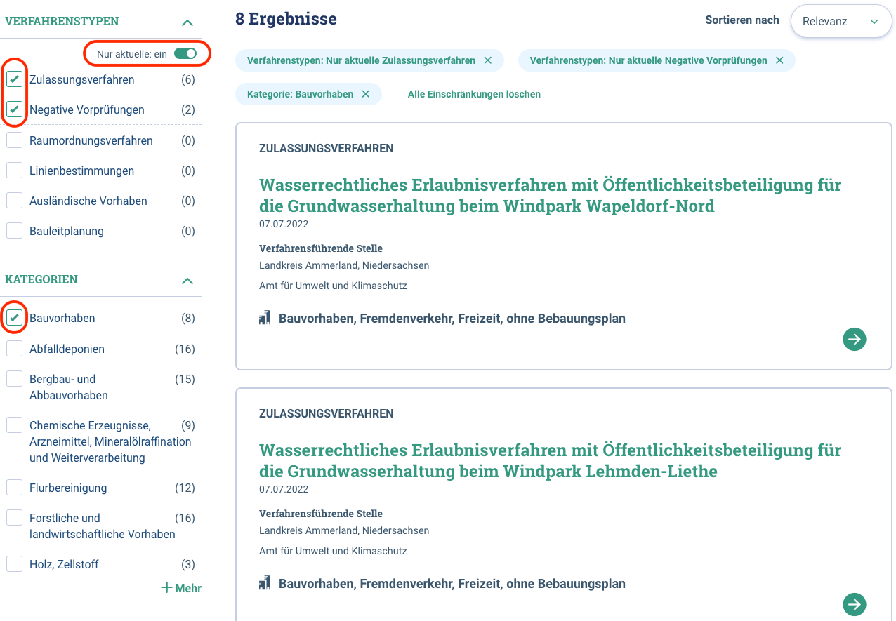 UVP: Mehrfachauswahl bei der Suche und Anzeige der im letzten Jahr bearbeiteten Verfahren