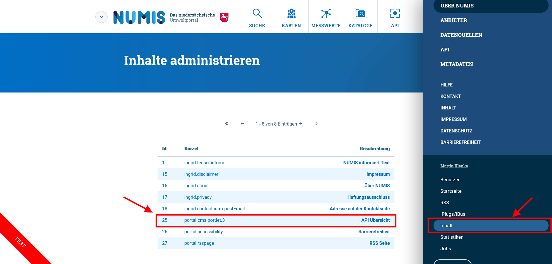 Portal: Neuer Bereich "API" im Profil NUMIS - Ansicht Portal Inhalte administrieren