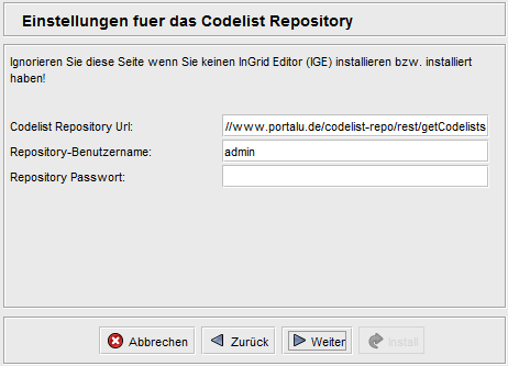 Portal Installer - Codelist Repository Optionen