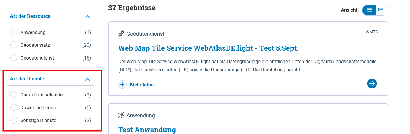 Portal: Neue Facette Art der Dienste in der Suche bei BKG-MIS