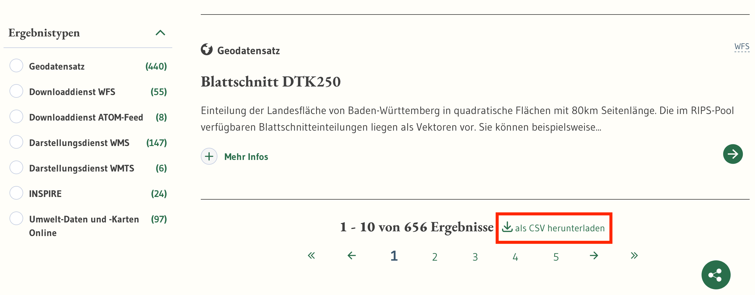 Portal: Neue Option für den Download aller Suchergebnisse als CSV-Datei - unten