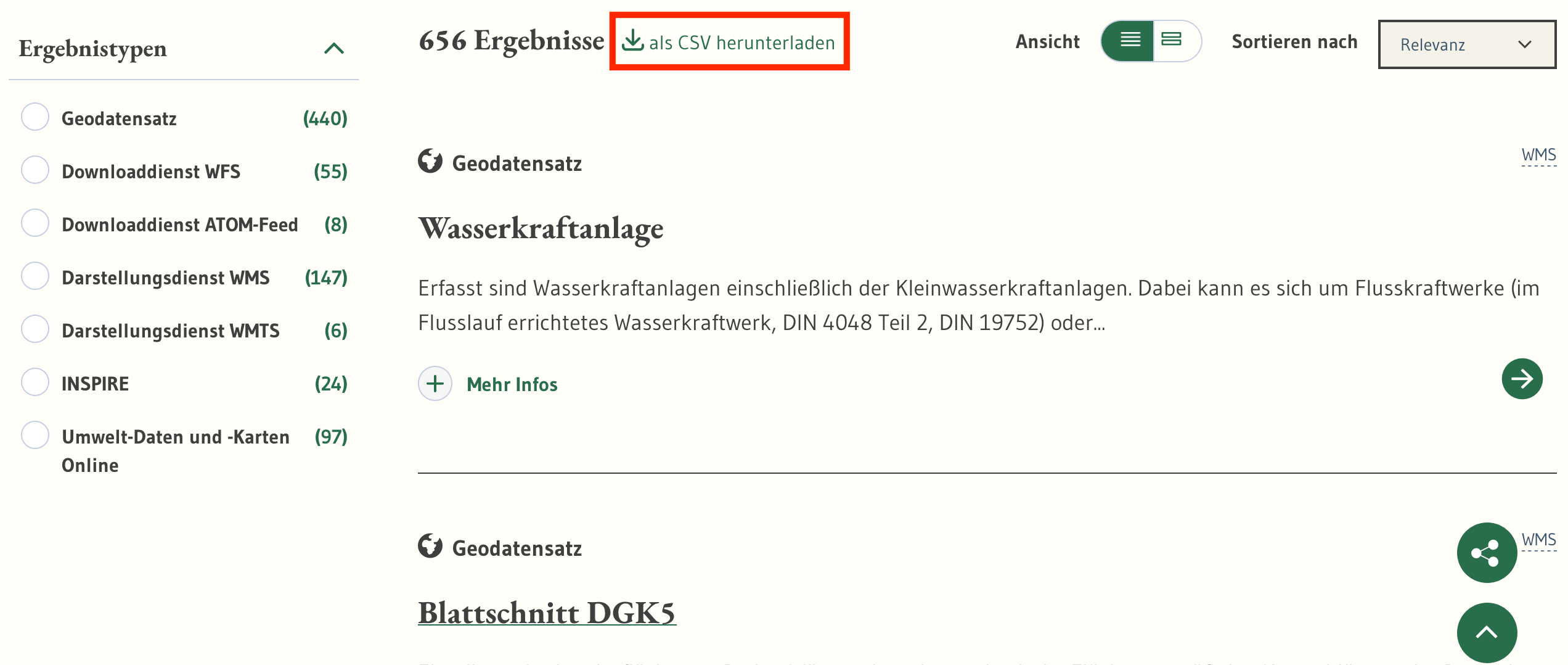 Portal: Neue Option für den Download aller Suchergebnisse als CSV-Datei - oben