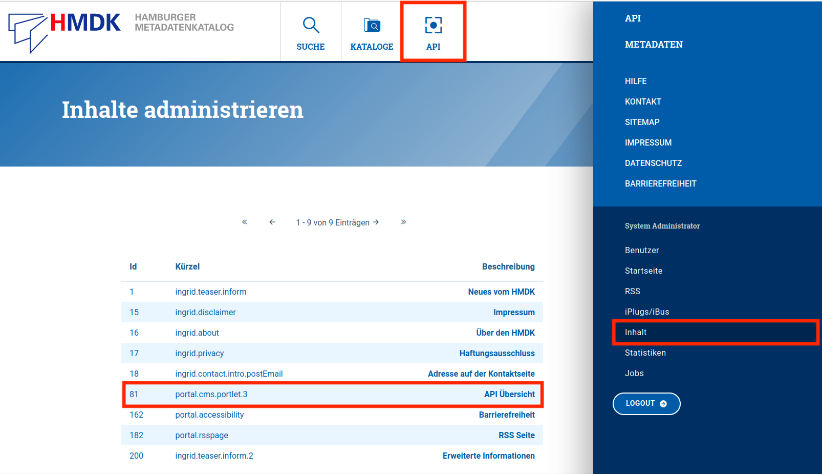 Portal: Neuer Bereich "API" im Profil HMDK - Ansicht Portal Inhalte administrieren Portal: Neuer Bereich "API" im Profil HMDK - Ansicht Portal Inhalte administrieren