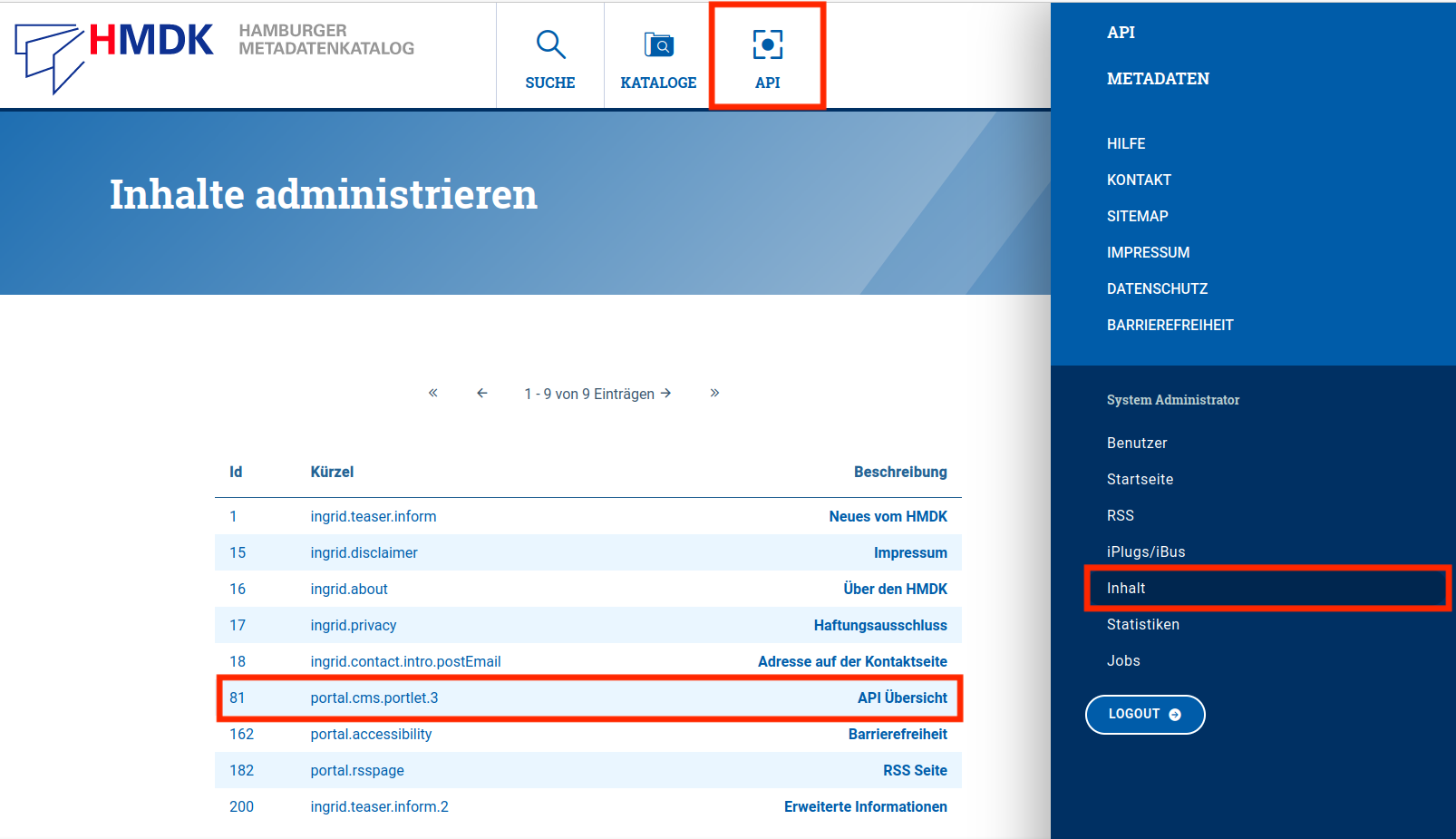 Portal: Neuer Bereich "API" im Profil HMDK - Ansicht Portal Inhalte administrieren