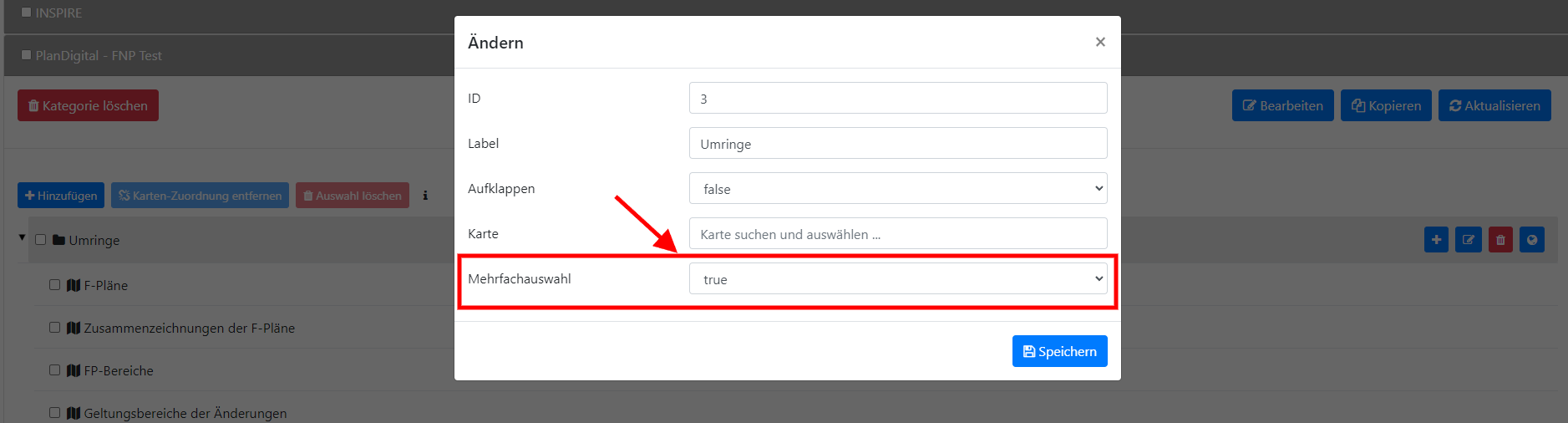 Karten: Neue Option "Mehrfachauswahl" für untergeordnete Layer - Admin-GUI Dropdown