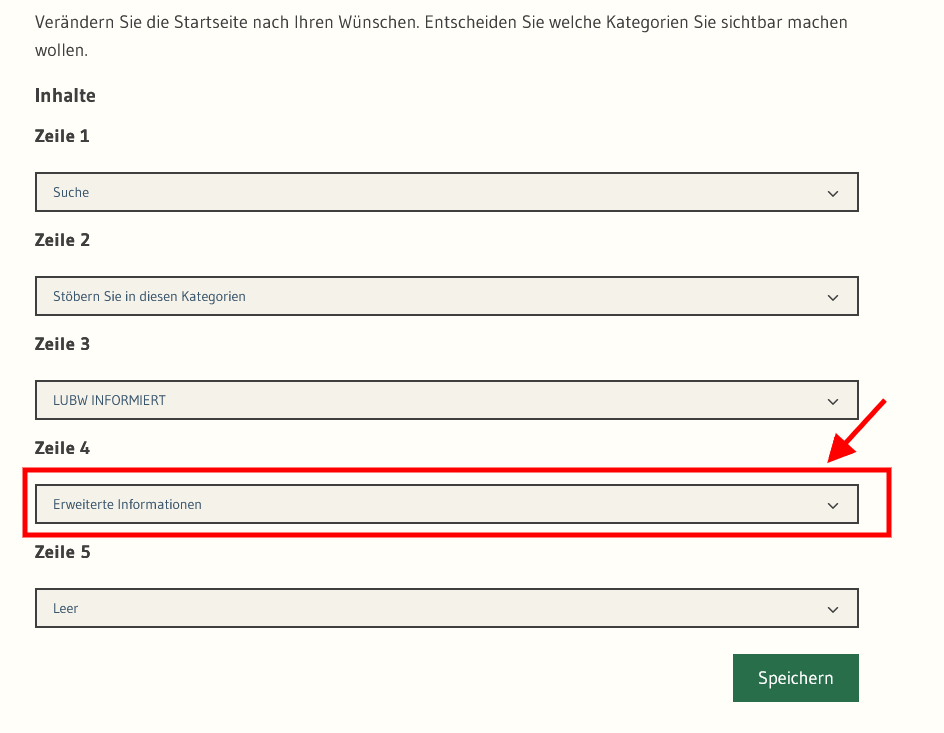 Portal: Neues Inhaltselement für zweiten Hinweistext im Profil LUBW - Auswahl