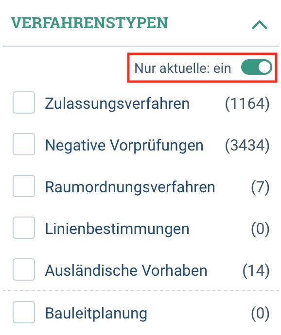 Suche: Schalter "Nur aktuelle" für Facette "Verfahrenstypen" angepasst