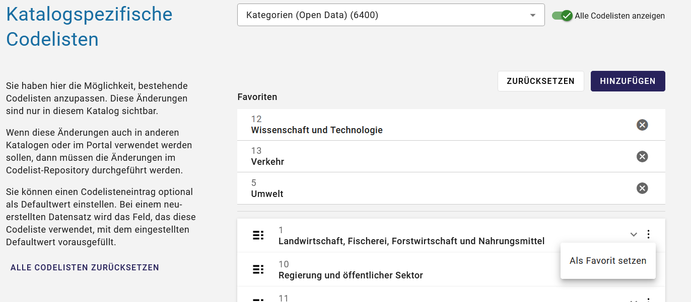 InGrid Editor: "Favoriten der Codelisten" InGrid Editor: "Favoriten der Codelisten"