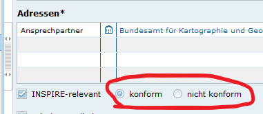 Zusätzliche Checkbox 'konform/nicht konform' bei Aktivierung von Checkbox 'INSPIRE-relevanter Datensatz' Zusätzliche Checkbox "konform/nicht konform" bei Aktivierung von Checkbox "INSPIRE-relevanter Datensatz"